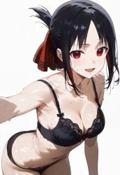 ai_generated asian asian_female bare_legs black_hair bra curvaceous curvy_female hair_bun kaguya-sama_wa_kokurasetai_~tensai-tachi_no_renai_zunousen~ large_breasts light-skinned_female light_skin looking_at_viewer mako_(artist) oiled_body oiled_skin panties pantyhose pov_hands red_eyes shinomiya_kaguya smiling solo_female squatting sweat sweatdrop thick_thighs thighs