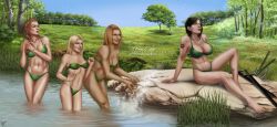 4girls auburn_hair barn-swallow bikini black_hair blonde_hair cleavage huge_breasts large_breasts necklace original original_characters outdoors pond small_breasts splashing standing_in_water