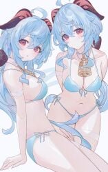 big_breasts blue_hair ganyu_(genshin_impact) genshin_impact huge_breasts huge_thighs long_hair purple_hair red_eyes swimsuit thighs