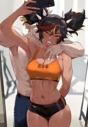 1boy 1girls ai_generated big_thighs dark-skinned_female dark_skin female genshin_impact male mirror mirror_selfie navel samsara_ai selfie smile thick_thighs thighs xinyan_(genshin_impact)