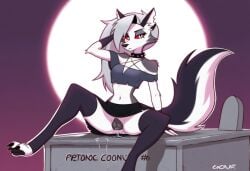 ai_generated canine_pussy cookie-girl crop_top digitigrade excessive_pussy_juice full_moon hand_behind_head loona_(helluva_boss) no_panties paws pussy_juice_drip spread_legs tombstone upskirt wolf_ears wolf_girl wolf_humanoid wolf_tail