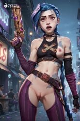 1girls ai_generated arcane bare_shoulders belt blue_hair braid breasts fingerless_gloves gloves gun hi_res holding holding_gun holding_weapon jinx_(league_of_legends) league_of_legends long_hair multiple_boys nail_polish navel netflix night nipples open_mouth outdoors pants pink_eyes pussy r34arts riot_games small_breasts solo_focus stomach_tattoo striped_pants tattoo twin_braids uncensored weapon