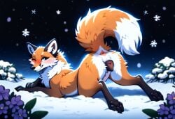 ai_generated anatomically_correct_pussy canine_pussy cookie-girl digitigrade female_only feral feral_only flowers fox fox_ears fox_tail from_behind_view orange_fur pawpads presenting_anus presenting_hindquarters presenting_pussy smiling_at_viewer snow snowing vanessa_(oc) zoophilia