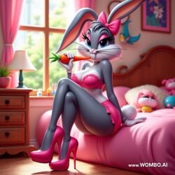 ai_generated bedroom bedroom_eyes bow bugs_bunny carrot crossdressing feminine_pose feminization high_heels lingerie looney_tunes mtf_transformation rule_63