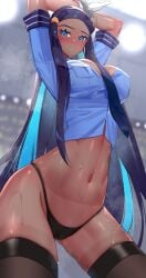 1girls bare_arms bare_legs bare_shoulders bare_thighs big_breasts black_hair blue_eyes blush chained chains clothed clothing color dark-skinned_female dark_skin female female_focus female_only game_freak gym_leader haska_(user_gure4787) hi_res large_breasts long_hair looking_at_viewer nessa_(pokemon) nintendo panties pokemon pokemon_ss pokemon_trainer police police_uniform policewoman solo solo_female sweat tagme thick_thighs