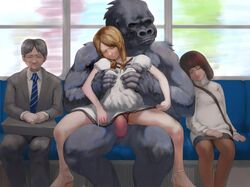 casual censored female feral gorilla henti human interspecies male panties_aside penetration public sex straight vaginal_penetration zoophilia