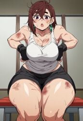 ai_generated angry ayase_momo brown_hair bruise bruised dandadan dark exhausted eyes female gym hourglass_figure huge_breasts indoors shorts solo_female sweat tank_top thick_thighs thunder_thighs thunderthighs tired wounded