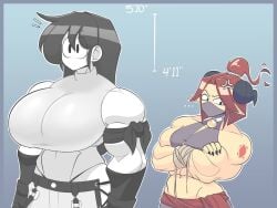 abs angry angry_expression big_breasts black_hair breast_outline crossed_arms demon demon_girl demon_horns female female_focus female_only height height_chart height_difference larger_female magima_(tag-a-long) marie_(tag-a-long) masked masked_female mime mime_girl mouthless mouthless_female muscle_girl muscle_tone muscles muscular muscular_arms muscular_female original original_art original_artwork red_hair size_difference smaller_female tag-a-long white_body white_skin