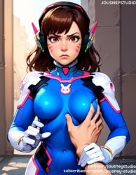 1boy ai_generated bangs blue_bodysuit blush bodysuit breast_grab breasts brown_eyes brown_hair closed_mouth clothing covered_navel d.va d.va_(overwatch) dva eyebrows facepaint facial_mark female female gloves grabbing groping guided_breast_grab guiding_hand headphones headwear high_collar holding_another's_wrist indoors jousneystudio large_breasts lips long_hair looking_at_viewer male medium_breasts navel nipples outdoors overwatch parted_lips pilot_suit pov_hands ribbed_bodysuit short_hair skin_tight smile solo_focus standing straight thighs upper_body whisker_markings white_gloves