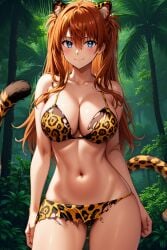 1girl ai_generated animal_ear_fluff animal_ears animal_print animal_tail asuka_langley_sohryu bangs bare_arms bare_shoulders bikini blue_eyes blush breasts brown_hair cat_ears clavicle cleavage closed_mouth clothing day female female_only forest hair_between_eyes hair_ornament halterneck interface_headset kemonomimi_mode large_breasts leopard_print leopard_tail linea_alba long_hair looking_at_viewer medium_breasts nature navel neon_genesis_evangelion orange_hair outdoors palm_tree plant print_bikini rena_aikawa_(pixiv_user) sarong sky smile solo standing stomach swimsuit tail thighs tiger_tail torn_clothes tree underwear very_long_hair