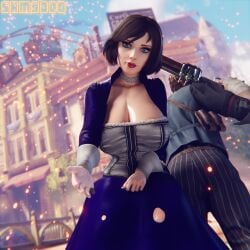 1boy 1girls 3d areolae areolae_slip big_breasts bioshock bioshock_infinite book booker_dewitt breasts busty cleavage corset elizabeth_comstock female female_focus hourglass_figure large_breasts male sfw skirt superhentaimaster9000 tagme wide_hips