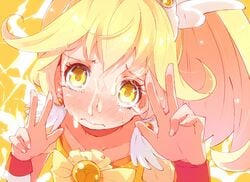 blonde_hair blush clothing cum cure_peace double_v facial hato_haru magical_girl precure pretty_cure smile_precure solo tear v yayoi_kise yellow_eyes