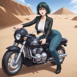 12kaneda12 1girls ai_generated desert eyewear_on_head fubuki_(one-punch_man) leather_jacket motorcycle one-punch_man open_mouth showing_tongue solo_female sunglasses watermark