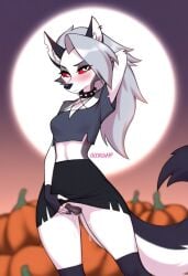 ai_generated canine_pussy cookie-girl crop_top digitigrade excessive_pussy_juice full_moon graveyard in_heat loona_(helluva_boss) masturbation no_panties paws pussy_juice_drip spread_legs tombstone upskirt wolf_ears wolf_girl wolf_humanoid wolf_tail