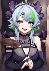 1girls 2boys ai_generated bare_shoulders big_dick breasts cleavage cuck cuckold cuckolding cum cum_drip cum_on_breasts dark-skinned_male dark_skin demon demon_ears demon_girl demon_horns earrings elf_ears female froot green_eyes happy_female horn horns horns_girl humiliation interracial lewdtuber looking_at_viewer lore_accurate multicolored_hair multiple_boys multiple_penises netorare ntr oerba_yun_fang penis penis_comparison penis_size_comparison penis_size_difference pointy_ears ring short_hair size_comparison small_penis_humiliation tagme virtual_youtuber vshojo vtuber wings