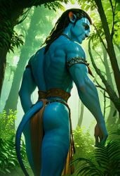 ai_generated alien ass avatar back biceps black_hair blue_skin blush gay jake_sully loincloth looking_at_viewer looking_back male male_only muscular muscular_male na'vi smile toned_body toned_male tribal tribal_clothing twall97 yellow_eyes