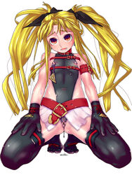 belt blonde_hair bodypaint bow censored clitoris_piercing fate_testarossa female flat_chest gloves hairbow highres kneeling long_hair lyrical_nanoha mahou_shoujo_lyrical_nanoha navel nipple_chain nipple_piercing nude open_mouth painted_clothes piercing pointless_censoring raplus red_eyes simple_background solo thighhighs tied_hair twintails white_background