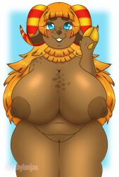 animal_crossing anthro areola big_breasts blue_background blue_eyes bovid breasts brown_areola brown_body brown_fur brown_nipples caprine chubbylonjas curved_horn eyebrows eyelashes female floppy_ears freckled_breasts freckled_face freckles frita_(animal_crossing) front_view fur genitals gesture hair hi_res hooves horn huge_breasts long_hair looking_at_viewer lop_ears mammal nintendo nipples nude orange_hair pillow_shading pussy red_horn rosy_cheeks sheep simple_background slightly_chubby smile solo striped_horn stripes thick_eyebrows thick_thighs waving waving_at_viewer white_background wide_hips yellow_hooves yellow_horn