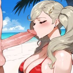 1girls ai_generated ann_takamaki blonde_hair blowjob creamy_ai curvy female light-skinned_female light_skin persona persona_5 tagme teenager twintails