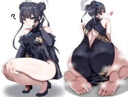 absurdres ass barefoot black_hair blue_archive blush china_dress chinese_clothes double_bun dress feet female genryumon_(blue_archive) grey_eyes hair_bun highres kisaki_(blue_archive) light_blush long_hair looking_at_viewer looking_back shanhaijing_secondary_school_student soles steam toes woo_(woosan)