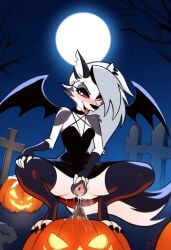 ai_generated anal_masturbation anal_sex canine_pussy cookie-girl crop_top crouching digitigrade excessive_pussy_juice full_moon graveyard loona_(helluva_boss) masturbation no_panties paws pumpkin_masturbation pussy_juice_drip smile smiling spread_legs spread_pussy tombstone upskirt wolf_ears wolf_girl wolf_humanoid wolf_tail