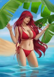 1girls barn-swallow beach bikini cleavage large_breasts long_hair looking_at_viewer necklace original original_character red_hair seaside standing_in_water