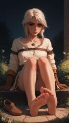 ai_generated ciri collar feet feet_fetish feet_focus female green_eyes light-skinned_female looking_at_viewer mascara scar solo tatarchuck the_witcher_(series) the_witcher_3:_wild_hunt wet_body white_hair