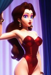 ai_generated bare_shoulders black_hair curtain dark_brown_hair earrings eyelashes eyeshadow female indoors leotard lipstick long_hair open_mouth pauline pauline_(mario) purple_eyeshadow red_leotard red_lipstick sandlecrantz_(ai_generator) super_mario_odyssey