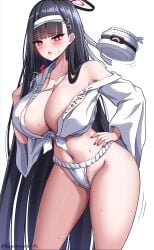 absurdres bare_shoulders black_hair blue_archive blunt_bangs blush breasts cleavage female fundoshi groin halo hand_on_own_hip highres japanese_clothes kumanosora large_breasts long_hair maid_headdress mizu_happi navel off_shoulder open_mouth pubic_hair red_eyes red_nails rio_(blue_archive) robot simple_background solo sweat variant_set whistle whistle_around_neck white_background