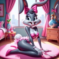 ai_generated animal_ears animal_humanoid animal_tail bedroom bow bugs_bunny crossdressing feminine feminization fur fur_ass fur_breasts furry heels, high lingerie looney_tunes mtf_transformation rabbit rule_63 wombo