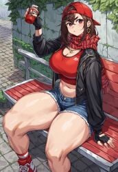 ai_generated ayase_momo brown_hair cap dandadan dark earrings eyes gloves hourglass_figure huge_breasts smirking thick_thighs tight_clothing