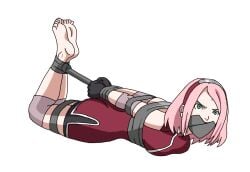 1girls dvnod2 female female_only gagged hogtie naruto naruto_(series) naruto_shippuden sakura_haruno solo tape_bondage tape_gag taped_mouth