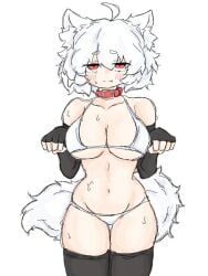 1girls bikini black_thighhighs breasts collar fumomono6500 inubashiri_momiji large_breasts momiji_inubashiri red_eyes touhou underwear white_bikini white_hair wolf_ears wolf_girl wolf_tail