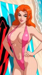 1girls ai_generated ai_hands ass beach beach_towel dc dc_comics female female_only flower flower_in_hair green_eyes hand_on_head hawkgirl hips hourglass_figure ibnalxuffasch94 large_ass large_breasts lipstick navel ocean orange_hair pixverse.ai red_lipstick shayera_hol shiera_sanders sideboob sling_bikini solo solo_female spinning swimsuit swimwear underboob video wide_hips