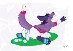 1boy anthro ass balls bioluminescence canine ced closed_eyes egg egg_laying fennec fox fur furry glowing male male_only purple solo spread_legs spreading stomach_bulge teal