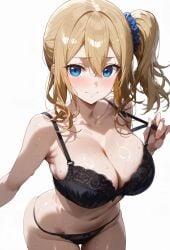 ai_generated athletic_female bare_legs big_breasts blonde_hair blue_eyes blush bra embarrassed hayasaka_ai huge_breasts huge_thighs kaguya-sama_wa_kokurasetai_~tensai-tachi_no_renai_zunousen~ large_breasts light-skinned_female light_skin looking_at_viewer mako_(artist) oiled_body oiled_skin panties pantyhose side_ponytail solo_female squatting sweat sweatdrop thick_thighs thighs voluptuous voluptuous_female