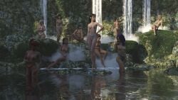 10girls 3d black_hair blonde_hair brown_hair harem harem_girl large_breasts medium_breasts original original_characters outdoors platinum_blonde_hair purple_hair red_hair refsocrd1 standing_in_water topless waterfall