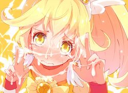 blonde_hair blush clothing cum cum_on_body cum_on_upper_body cum_string cure_peace double_v facial hato_haru magical_girl precure pretty_cure smile_precure solo tear v yayoi_kise yellow_eyes