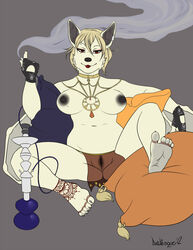 anthro arabesque bat breasts chubby female hookah looking_at_viewer necklace pussy shisha sitting skimpy smoke smoking solo waterpipe wings