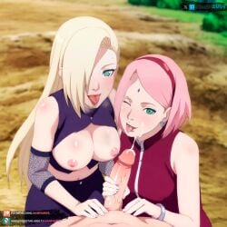 1boy 2girls ai_generated artist_name blonde_hair blue_eyes boruto:_naruto_next_generations breasts commentary cum earrings female female_focus forest green_eyes hair_ornament hair_over_one_eye handjob ino_yamanaka juanpiamvs lipstick long_hair looking_at_viewer makeup multiple_girls naruto naruto:_the_last naruto_(series) naruto_shippuden outdoors patreon_username pink_hair pixiv_username pov sakura_haruno sex shoulder_length_hair subscribestar_username sweat text threesome twitter_username url very_long_hair watermark web_address