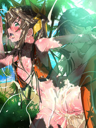 blush brown_hair censored cum cum_on_body ejaculation green_eyes highres huang_lingyin infinite_stratos jungle nipples penis sex small_breasts tied_hair twintails