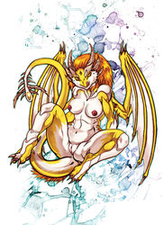 2012 anthro anus breasts dktorzi dragon female horn licking licking_lips nude pussy solo spread_legs spreading tongue wings yellow