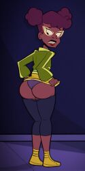 april_o'neil_(rise_of_the_tmnt) ass ass ass_cheeks ass_cleavage butt_cheeks butt_cleavage clothed embarrassed glasses jacket leggings lipstick looking_back panties scobionicle99 shoes surprised_expression underwear wardrobe_malfunction