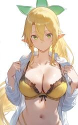 ai_generated bare_belly belly_button big_breasts blonde_hair blush bra breasts cleavage closed_mouth collarbone elf green_eyes hair_ribbon leafa long_hair open_shirt pointy_ears setsuaiart shiny_skin shirt shirt_pull sweatdrop sword_art_online underwear upper_body white_shirt yellow_bra