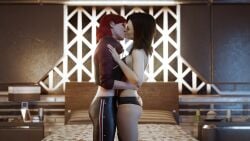 1futa 1girls 3d bed bed_sheet bedroom bioware black_bra black_hair black_panties blender bottomwear bra closed_eyes clothed clothing commander_shepard detailed_background duo electronic_arts female female_focus femshep futanari futashep highres kissing legging light-skinned_female light_skin long_hair making_out mass_effect mass_effect_2 mass_effect_3 miranda_lawson panties pants red_hair room small_breasts standing topwear underwear watermark xieangel