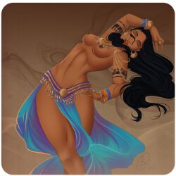 1girls belly_dancer belly_dancer_outfit black_hair bracelet chain_jewelry closed_eyes closed_eyes dancer dancer_outfit dancing dark-skinned_female harem_girl harem_outfit large_breasts lavahanje loincloth long_hair original original_character tattooed_arm topless