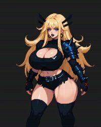 1girls ai_generated black_lipstick blonde_hair blue_eyes cleavage earrings female huge_breasts magik_(illyana_rasputin) marvel newelectrickity pixel_art skimpy_clothes solo tagme thick_thighs toned x-men