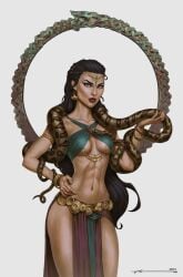 abs arttair athletic_female belly_dancer belly_dancer_outfit black_hair bocas_top fit_female green_eyes harem_girl harem_outfit loincloth medium_breasts original original_character snake