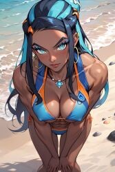 1girls abs ai_generated bare_arms bare_legs bare_shoulders bare_thighs beach big_breasts bikini bikini_bottom bikini_top black_hair blue_eyes blush clothed clothing color dark-skinned_female dark_skin female female_focus female_only fit_female game_freak gym_leader hi_res large_breasts long_hair looking_at_viewer muscles muscular muscular_female nessa_(pokemon) nintendo nipples_visible_through_clothing pokemon pokemon_ss pokemon_trainer sand sea solo solo_female tagme thick_thighs water