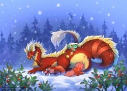 animal_genitalia animal_penis anus asian_mythology bell berry blonde_hair body_hair canine_genitalia canine_penis christmas claws digital_drawing_(artwork) digital_media_(artwork) digitigrade dragon east_asian_mythology eastern_dragon erection feral fluffy fluffy_ears fluffy_hair fluffy_tail food forest forest_background fruit fur genitals gift gift_wrapped hair hi_res holidays horn knot knotted_penis lying male mammal multicolored_body multicolored_fur multicolored_hair mydrawnworld mythological_creature mythological_scalie mythology nature nature_background nude on_side penile penile_spines penis plant purple_eyes red_body red_fur red_hair scalie snow solo tail tail_tuft tree tuft two_tone_hair vitamin_c_(forwardpickup) whiskers yellow_body yellow_fur